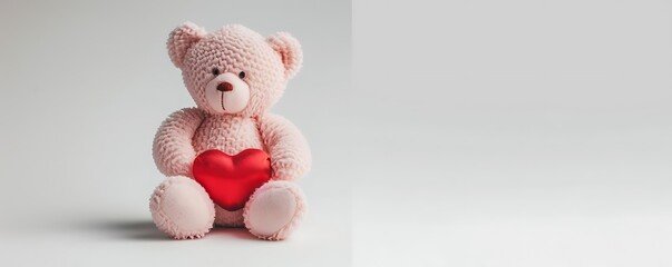 A small, pastel pink teddy bear holding a tiny red heart, isolated on a clean white background.