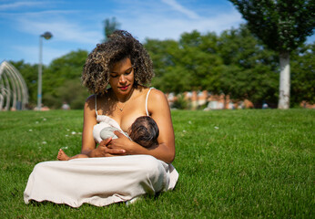 Latin mother with afro hair breastfeeding her baby in a park