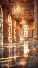 Obraz premium Modern luxurious palace interior with no people, lightly blurred, advertising, background, wallpaper, space for text