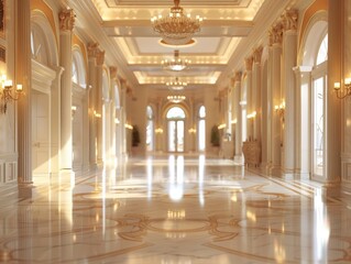 Modern luxurious palace interior with no people, lightly blurred, advertising, background,...