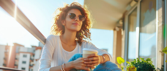 Woman sitting sipping coffee on a balcony at sunrise.Generative AI