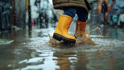 A closeup image focuses on yellow boots making a big splash in a puddle on a city street, highlighting the joy and playful nature of rainy day adventures.