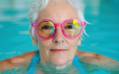 Naklejka premium A senior woman with white hair and pink sunglasses smiles while participating in aqua aerobics in a swimming pool