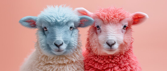 Portrait of a cute sheep on a pink background, in the minimalism style, copying space. Generative AI