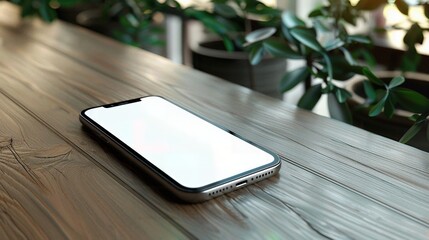 A smartphone with a blank white screen rests on a wooden table, surrounded by green potted plants in a bright room.