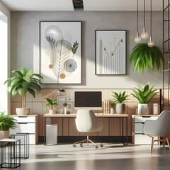 Modern home interior design,an elegant living room featuring, a comfortable sofa, mid century furniture,white walls, and home plants.