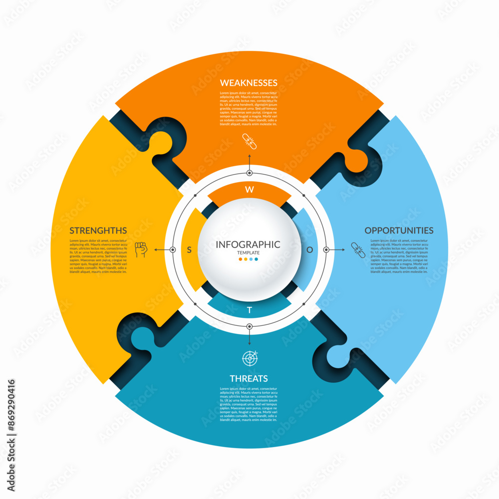 Wall mural infographic puzzle template with 4 steps, parts. cycle diagram or chart with swot options. can be us