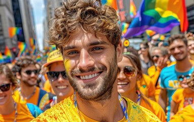 A young man with curly hair smiles broadly at the camera, surrounded by a crowd of people celebrating Pride. He is wearing a yellow shirt and has a splash of yellow paint on his cheek