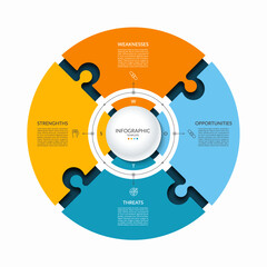 Infographic puzzle template with 4 steps, parts. Cycle diagram or chart with SWOT options. Can be used for business presentation, brochure, web design, data visualization.