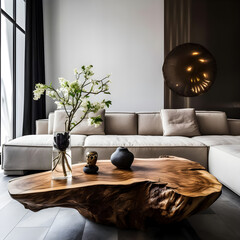  Japanese interior design features a live edge coffee table near a corner sofa in a modern living room