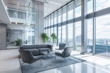 Fototapeta premium A stylish office interior in modern gray and blue tones, with floor to ceiling panoramic windows and