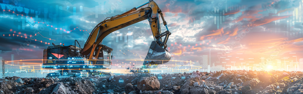 Poster a yellow excavator is shown operating in a rock quarry, surrounded by digital visualizations depicti