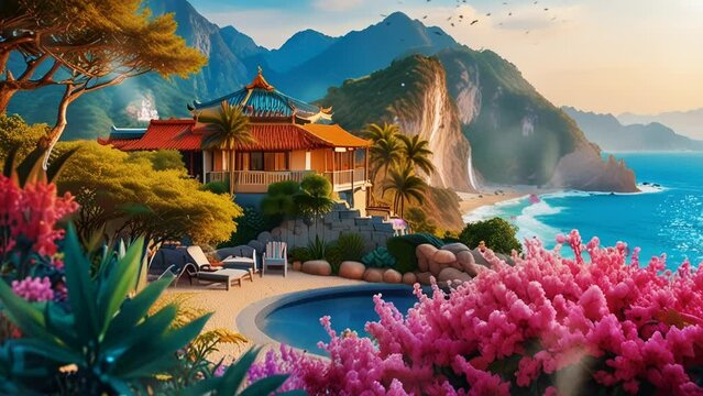Landscape Rocky hills with Chinese temples and waterfalls, in a smooth looping background with 4K video animation.