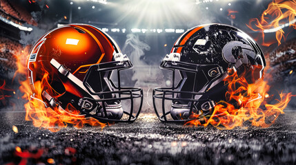 Two football helmets, engulfed in flames, face each other on a field in a dramatic pre-game display