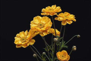 A simple yet elegant arrangement of yellow flowers set against a dark, sleek backdrop