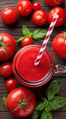 A glass jar of tomato juice with a red and white striped straw sits on a wooden table next to a cluster of fresh cherry tomatoes