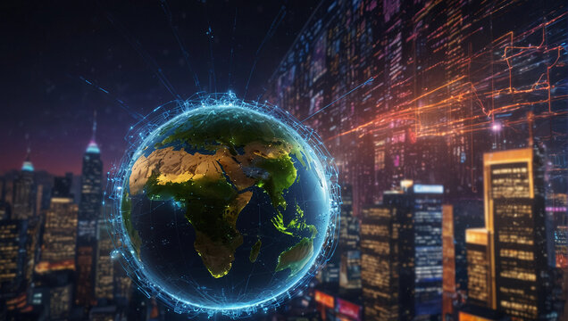 Generative AI, worldwide business, information exchange, digital world map human resources, job vacancy searching