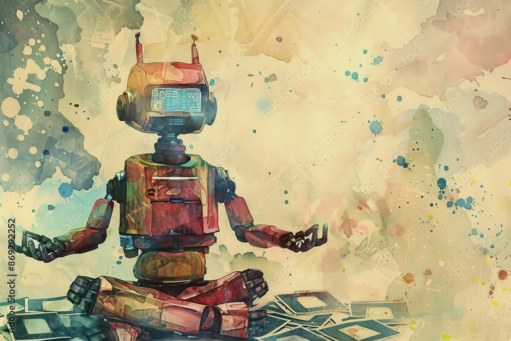 Poster a robot sits on a checkered floor, waiting or contemplating