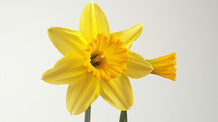 Obraz premium A yellow daffodil, viewed from an angle that shows both petals and stem against a white background