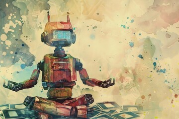 A robot sits on a checkered floor, waiting or contemplating