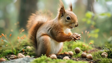 Obraz premium Woodland Whimsy Squirrel collecting nuts in a mosscovered forest