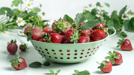 Fresh strawberries fill this green colander, perfect for a fruit arrangement or kitchen decoration