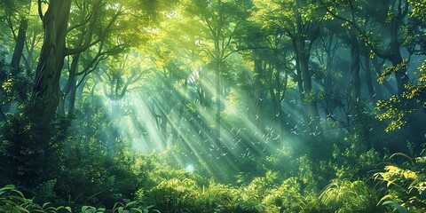 Fototapeta premium Sunlight Breaking Through Lush Forest Canopy Illuminating Nature's Serenity