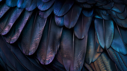 Obraz premium A closeup of raven feathers, capturing the intricate patterns and textures, with the dark background highlighting the vibrant colors of each feather.