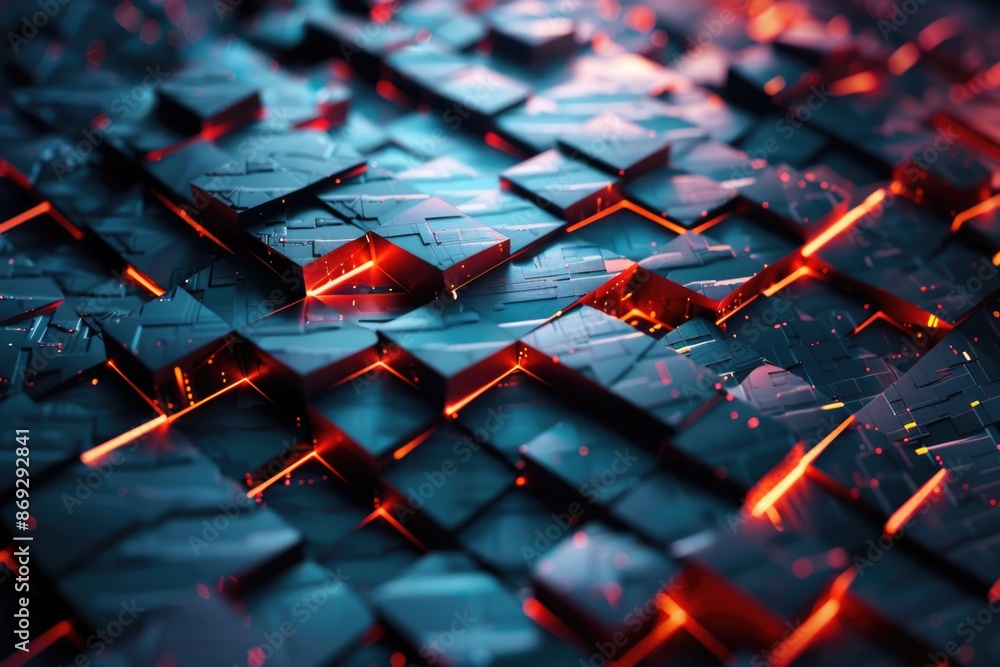 Poster a detailed view of stacked red and black cubes, suitable for abstract backgrounds or decorative purp