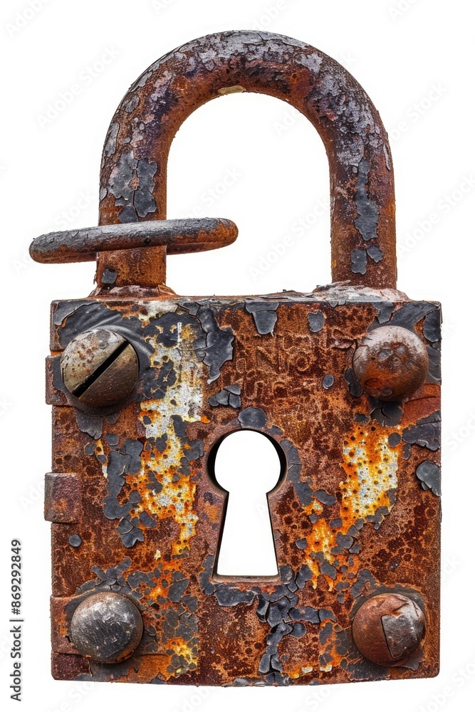 Poster A close-up of a rusty old padlock with a keyhole on a white background