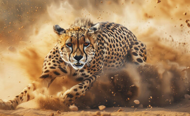 A cheetah in full speed in the savannah, surrounded by sand and dust, showcasing its agility.