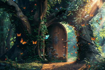 An enchanted forest with magical trees and butterflies, and an open wooden door leading to the entrance of one tree, with light filtering through leaves.