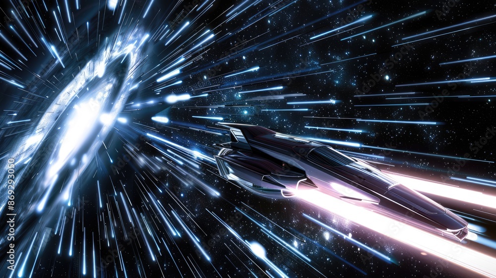 Poster spaceship flying through space with stars and galaxies in the background. concept of space explorati
