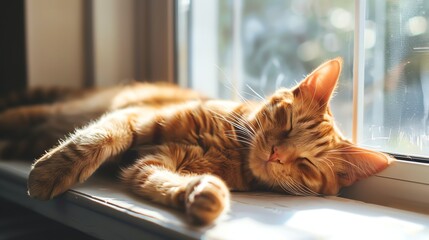A ginger cat is napping on a window sill.