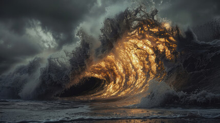 A colossal wave, towering over the ocean's surface, casting a shadow on the nearby shore, captured in a detailed style.