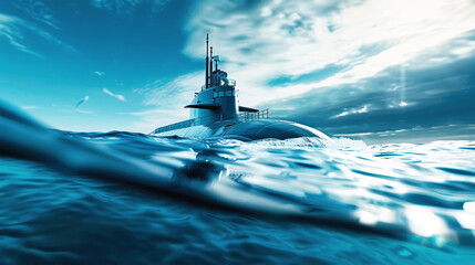 A submarine breaks the surface of the ocean, revealing its sleek silhouette against a backdrop of blue sky and white clouds