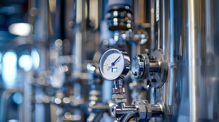 A temperature sensor is mounted on a pipe in a modern industrial setting. The sensor is surrounded by other pipes and equipment, reflecting the bright lights of the factory