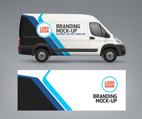 Vector Van mockup with branding and corporate identity wrap livery. Abstract graphics blue and black stripes Wrap and decal design for services van and racing car. Branding vehicle. AD banner design © VRTX