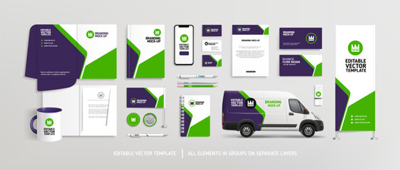 Brand Identity concept of stationery Mock-Up set with abstract graphics (set 5). Corporate style on vector stationery mockup template of Magazine cover, File folder, annual report, van, AD banner