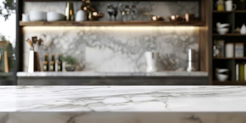 A blurred kitchen interior with a marble countertop, suitable for product display montage, with a close-up view of a white and marble table top.