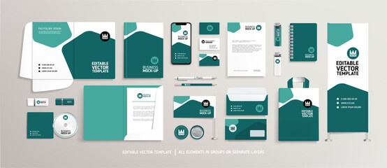 Brand Identity concept of stationery Mock-Up set with abstract graphics (set 8). Corporate style on stationery mockup template of Magazine cover, File folder, annual report, AD banner. Editable vector