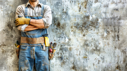 A lone worker, clad in overalls and a tool belt, stands with arms crossed, looking off to the side against a textured, weathered wall