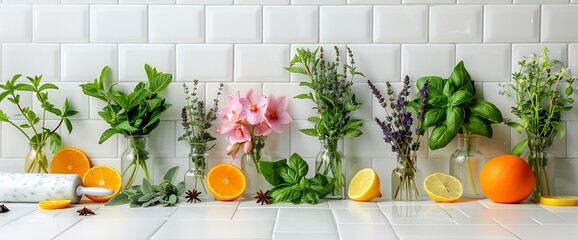 White Kitchen Tile Background with Herbs, Flowers, Lemons, and Oranges