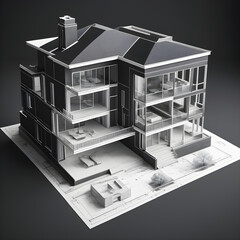 Detailed black and white architectural blueprint with a 3d model of a house design