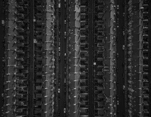 Generic drone aerial view of terraced British houses on ca council estate in northern England