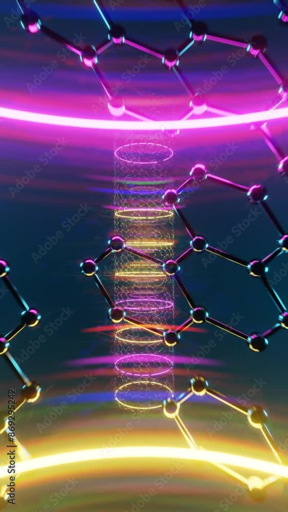Poster Futuristic Glowing Helix Structure with Neon Rings and Molecular Network