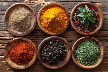 Wooden Bowls of Spices Black, Red, Green Peppercorns, Turmeric, Bay Leaf, and Herbs