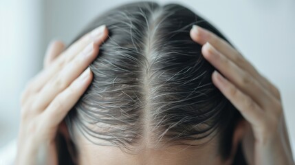 Fototapeta premium Top view of a person examining their scalp in the mirror, focus on thinning areas, hair loss concern