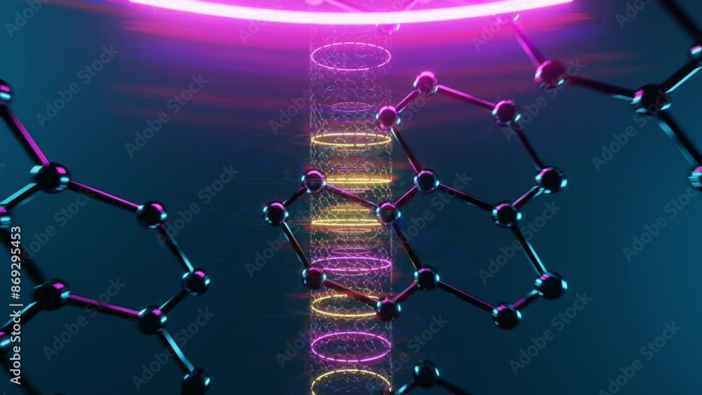 Poster Futuristic Glowing Helix Structure with Neon Rings and Molecular Network