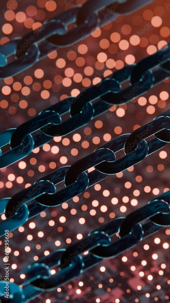 Poster futuristic blockchain concept with glowing blue bokeh and chain links